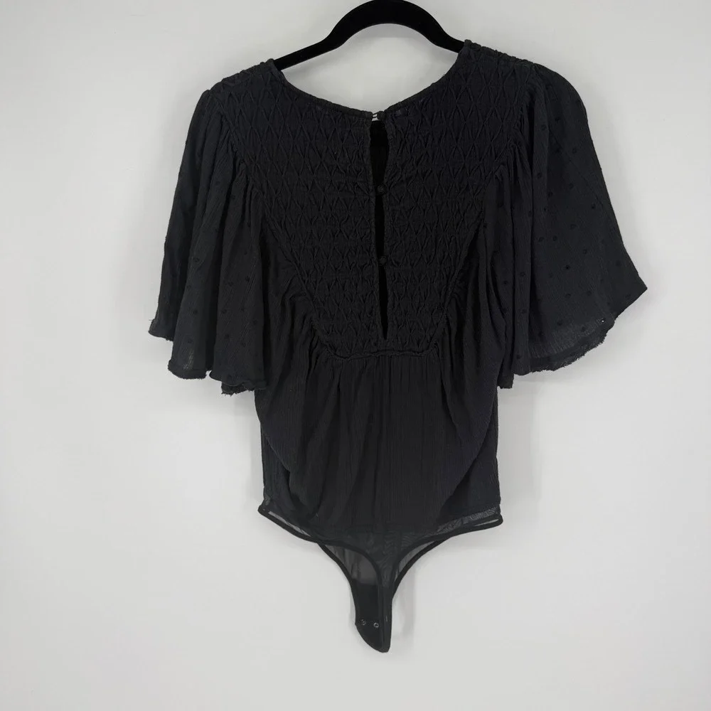 Free People Intimately Perfect Catch Bodysuit Womens S Black Smocked Flutter - Picture 3 of 11